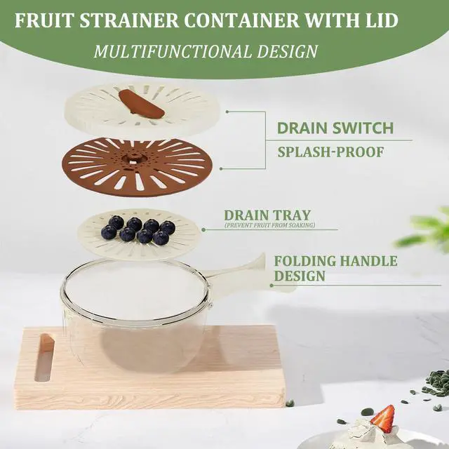 Alt view image 2 of 7 - Fruit Washing Bowl with Strainer, 2 in 1 Drain Basket and Fruit Strainer Container with Lid, Fruit Washer Bowl for Kitchen, Fridge, Picnic & Camping, 1QT (1000ML)