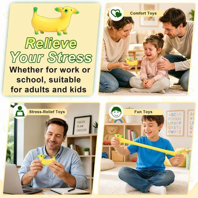 Alt view image 4 of 7 - 2 Pcs Super Stretchy Banana Squishy, Sand Filled Banana Shaped Dog Stress Relief Fidget - Animal & Fruits Sensory Squeeze Toys, Cute Novelty Toys for Kids Adults Party Favors Fun Gifts