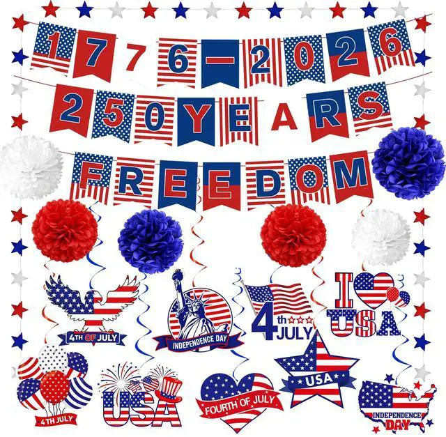 Main image of 250 Anniversary USA Decorations, 4th of July 1776-2026 250 Year American Anniversary Banner, Freedom Red White Blue Star Garland, Patriotic USA Flags Hanging Swirl for Memorial Independence Day Decor