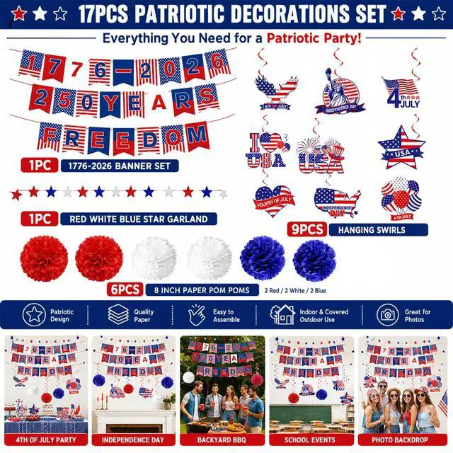 Alt view image 2 of 7 - 250 Anniversary USA Decorations, 4th of July 1776-2026 250 Year American Anniversary Banner, Freedom Red White Blue Star Garland, Patriotic USA Flags Hanging Swirl for Memorial Independence Day Decor