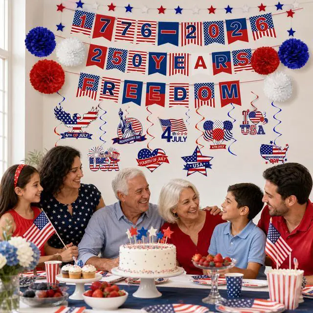 Alt view image 3 of 7 - 250 Anniversary USA Decorations, 4th of July 1776-2026 250 Year American Anniversary Banner, Freedom Red White Blue Star Garland, Patriotic USA Flags Hanging Swirl for Memorial Independence Day Decor