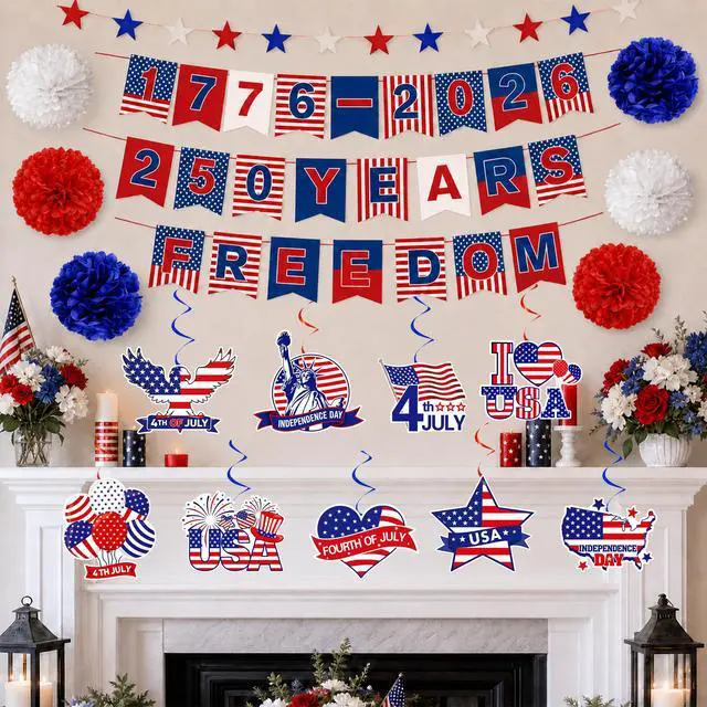 Alt view image 4 of 7 - 250 Anniversary USA Decorations, 4th of July 1776-2026 250 Year American Anniversary Banner, Freedom Red White Blue Star Garland, Patriotic USA Flags Hanging Swirl for Memorial Independence Day Decor