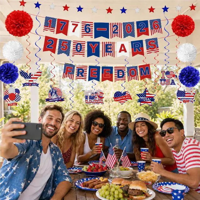 Alt view image 5 of 7 - 250 Anniversary USA Decorations, 4th of July 1776-2026 250 Year American Anniversary Banner, Freedom Red White Blue Star Garland, Patriotic USA Flags Hanging Swirl for Memorial Independence Day Decor