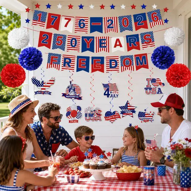 Alt view image 6 of 7 - 250 Anniversary USA Decorations, 4th of July 1776-2026 250 Year American Anniversary Banner, Freedom Red White Blue Star Garland, Patriotic USA Flags Hanging Swirl for Memorial Independence Day Decor