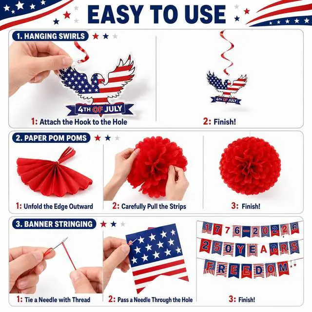 Alt view image 7 of 7 - 250 Anniversary USA Decorations, 4th of July 1776-2026 250 Year American Anniversary Banner, Freedom Red White Blue Star Garland, Patriotic USA Flags Hanging Swirl for Memorial Independence Day Decor
