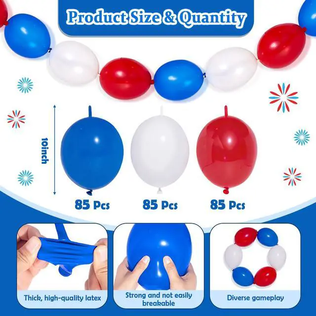 Alt view image 4 of 7 - 255Pcs USA 250th Anniversary Linking Balloon Decorations, 10in Red White Blue Link Balloons Bead Garland Ball Banner for Indoor Outdoor 4th of July Independence Memorial Day Birthday Graduation Decor