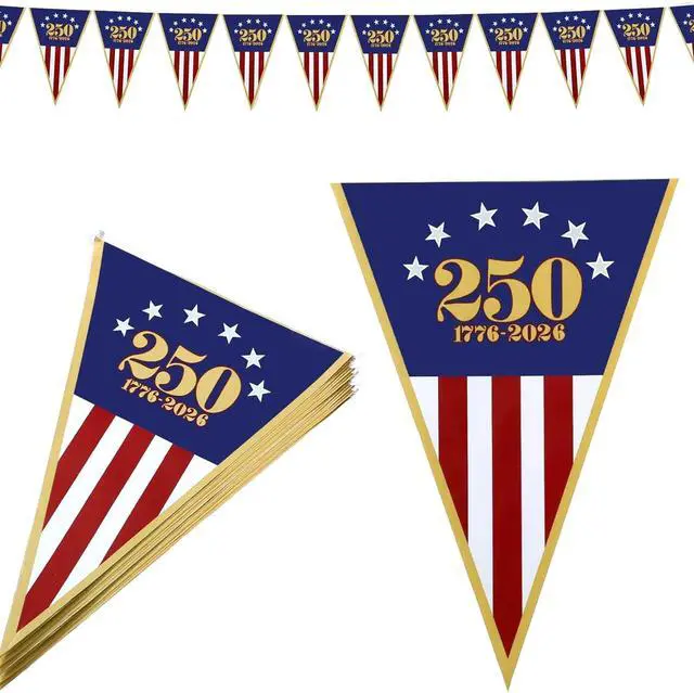 Main image of 1 Pack 250th Anniversary Banner USA Flag Patriotic Decorations 11"x7.5"x8ft American Flag Triangle Banner Garland for 1776-2026 250th Birthday 4th of July Memorial Day Party Supplies