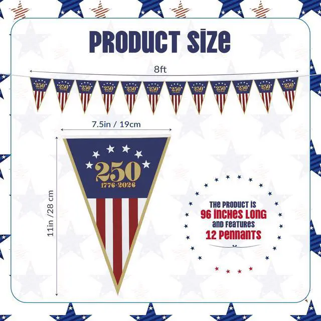 Alt view image 2 of 7 - 1 Pack 250th Anniversary Banner USA Flag Patriotic Decorations 11"x7.5"x8ft American Flag Triangle Banner Garland for 1776-2026 250th Birthday 4th of July Memorial Day Party Supplies