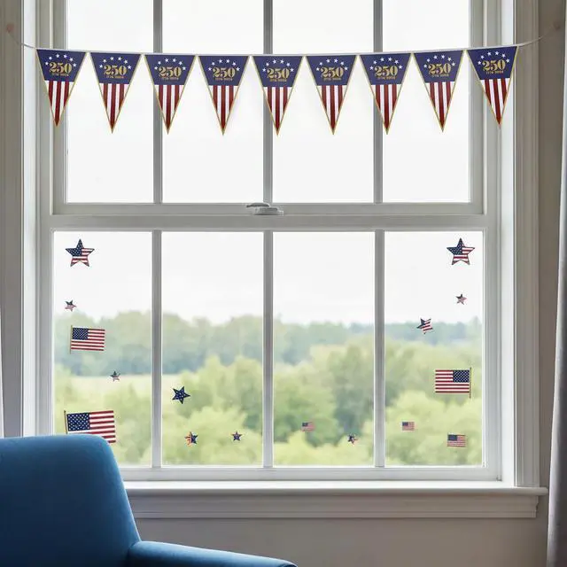 Alt view image 4 of 7 - 1 Pack 250th Anniversary Banner USA Flag Patriotic Decorations 11"x7.5"x8ft American Flag Triangle Banner Garland for 1776-2026 250th Birthday 4th of July Memorial Day Party Supplies