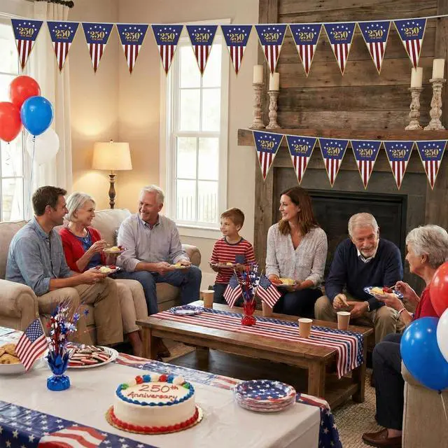 Alt view image 3 of 7 - 1 Pack 250th Anniversary Banner USA Flag Patriotic Decorations 11"x7.5"x8ft American Flag Triangle Banner Garland for 1776-2026 250th Birthday 4th of July Memorial Day Party Supplies