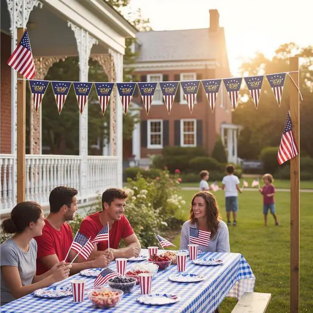 Alt view image 5 of 7 - 1 Pack 250th Anniversary Banner USA Flag Patriotic Decorations 11"x7.5"x8ft American Flag Triangle Banner Garland for 1776-2026 250th Birthday 4th of July Memorial Day Party Supplies