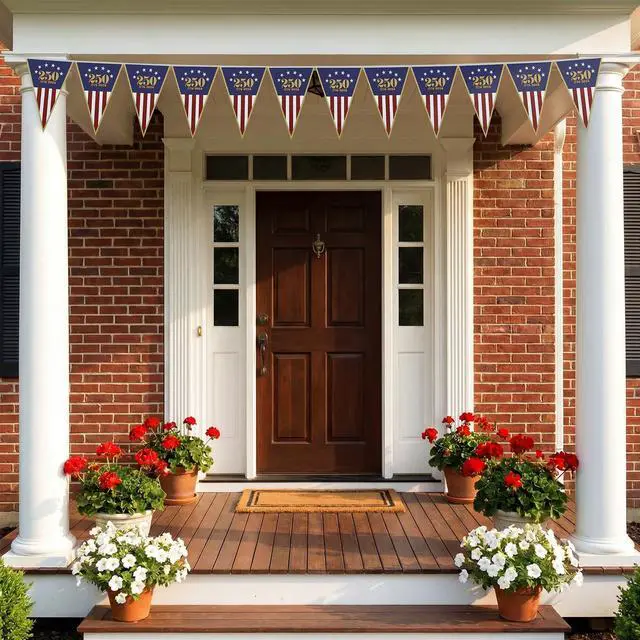 Alt view image 6 of 7 - 1 Pack 250th Anniversary Banner USA Flag Patriotic Decorations 11"x7.5"x8ft American Flag Triangle Banner Garland for 1776-2026 250th Birthday 4th of July Memorial Day Party Supplies