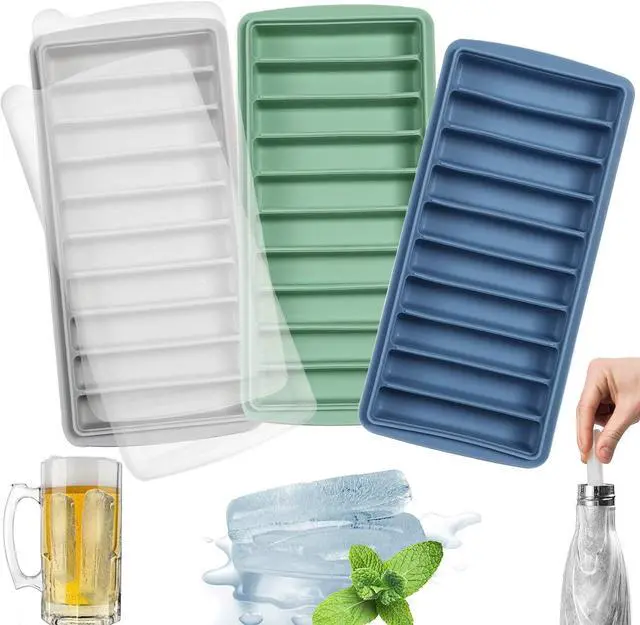 Main image of 3 PCS Ice Cube Tray, Long Ice Stick Tray Silicone with Lid, Rectangular Narrow Stick, Reusable, Flexible, Easy Release, for Small Mouth Sport Bottles, Juice Bottles, Cocktail Parties