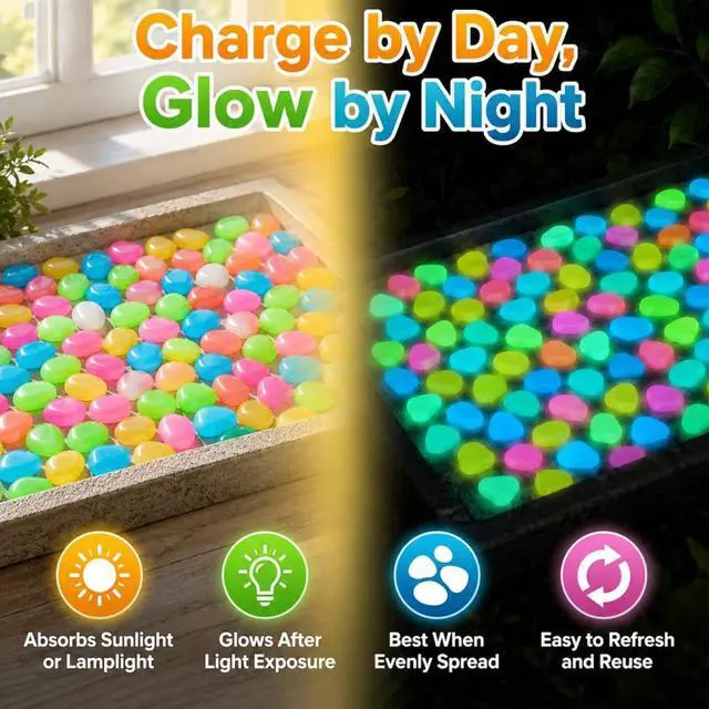 Alt view image 3 of 7 - Glow in the Dark Garden Stones, Night Guide Luminous Pebbles Rainbow, Glow in the Dark Stepping Rocks Outdoor, Landscaping Decor, Glowing Stones Fish Tank Aquarium Decorations (200/Pack)