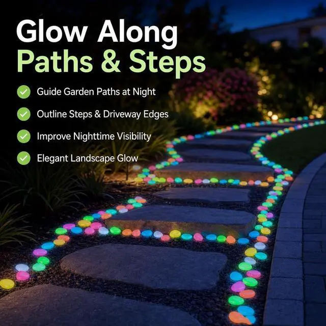 Alt view image 4 of 7 - Glow in the Dark Garden Stones, Night Guide Luminous Pebbles Rainbow, Glow in the Dark Stepping Rocks Outdoor, Landscaping Decor, Glowing Stones Fish Tank Aquarium Decorations (200/Pack)