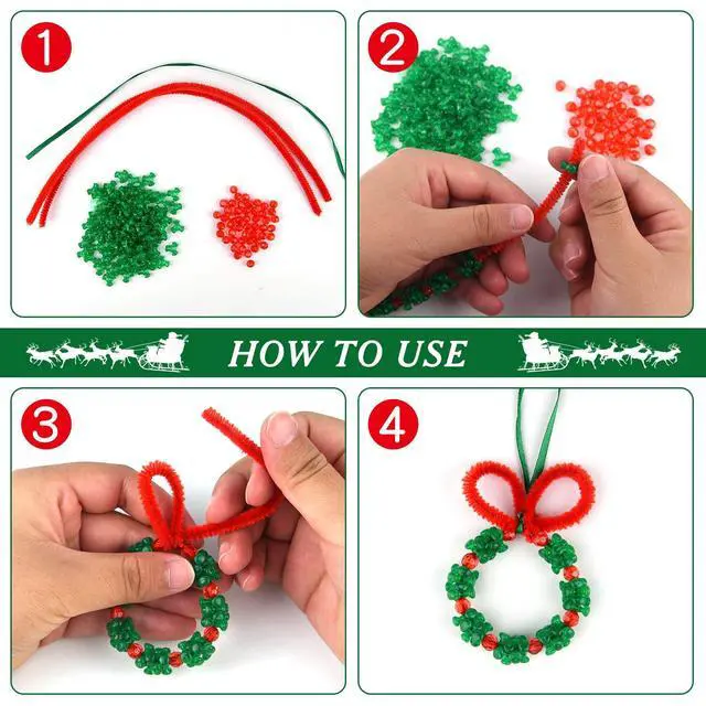 Alt view image 3 of 7 - 60 Pcs Christmas Beaded Ornament Kit Christmas Craft Wreath Bead Tri-Shaped DIY Beads for Christmas Tree Hanging Christmas Party Decoration