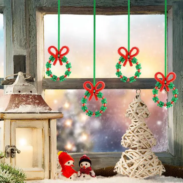 Alt view image 6 of 7 - 60 Pcs Christmas Beaded Ornament Kit Christmas Craft Wreath Bead Tri-Shaped DIY Beads for Christmas Tree Hanging Christmas Party Decoration