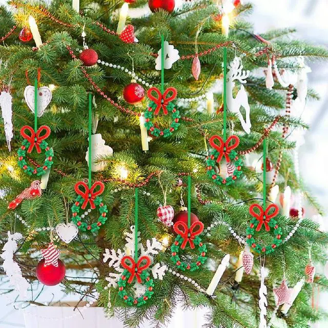 Alt view image 7 of 7 - 60 Pcs Christmas Beaded Ornament Kit Christmas Craft Wreath Bead Tri-Shaped DIY Beads for Christmas Tree Hanging Christmas Party Decoration