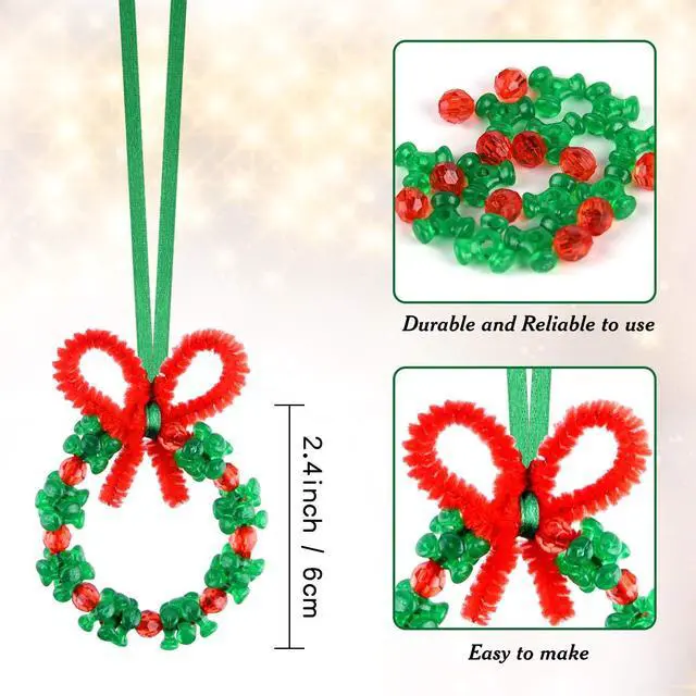 Alt view image 4 of 7 - 60 Pcs Christmas Beaded Ornament Kit Christmas Craft Wreath Bead Tri-Shaped DIY Beads for Christmas Tree Hanging Christmas Party Decoration