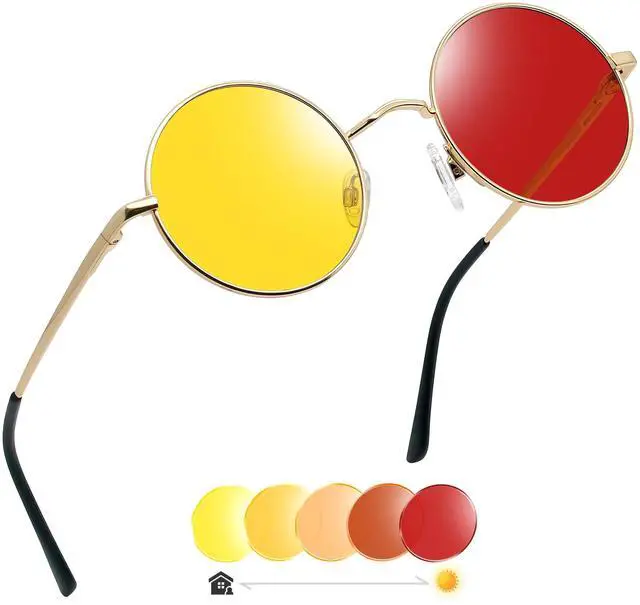 Main image of Small Round photochromic Sunglasses Trendy Color Changing Sun Glasses UV400 Hippie Shades for Women Men (Yellow Red)
