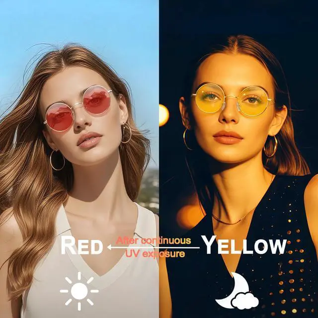 Alt view image 2 of 6 - Small Round photochromic Sunglasses Trendy Color Changing Sun Glasses UV400 Hippie Shades for Women Men (Yellow Red)