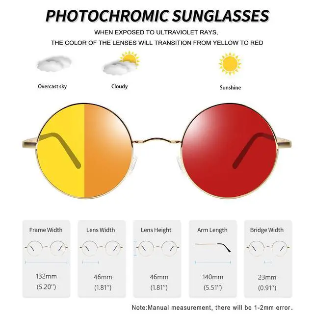 Alt view image 3 of 6 - Small Round photochromic Sunglasses Trendy Color Changing Sun Glasses UV400 Hippie Shades for Women Men (Yellow Red)
