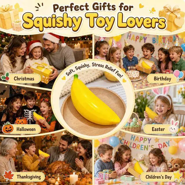 Alt view image 7 of 7 - Bannana Squishy Toy, Banana Squishy Squeeze Toy, Banana Fruit Squishy Fidget Toy, Soft Dough Stress Balls, Squishies Stress Relief Toys for Adults Kids, Party Favors Goodie Bag Fillers Birthday Gift