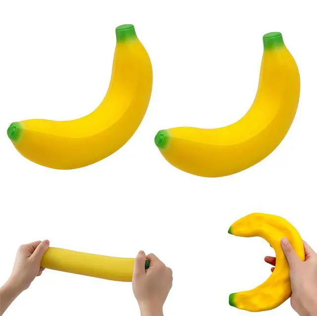 Main image of 2 Pack Banana Latex Soft Decompression Toy, Stretchy Glue-Sand Filled Rubber Squishy Toy, High Elastic Stretchable Fake Fruits Vegetables Stress Relief Toy for Kids Adults (2 Bananas)