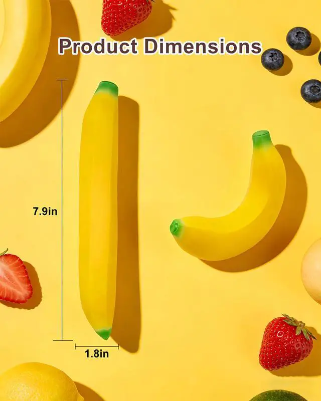 Alt view image 4 of 7 - 2 Pack Banana Latex Soft Decompression Toy, Stretchy Glue-Sand Filled Rubber Squishy Toy, High Elastic Stretchable Fake Fruits Vegetables Stress Relief Toy for Kids Adults (2 Bananas)