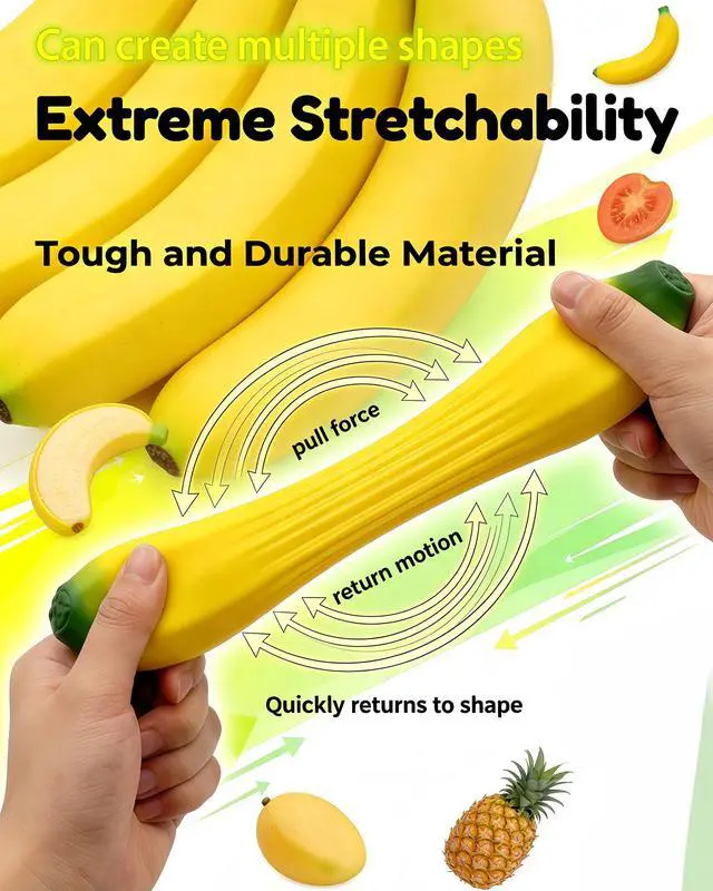 Alt view image 3 of 7 - 2 Pack Banana Latex Soft Decompression Toy, Stretchy Glue-Sand Filled Rubber Squishy Toy, High Elastic Stretchable Fake Fruits Vegetables Stress Relief Toy for Kids Adults (2 Bananas)