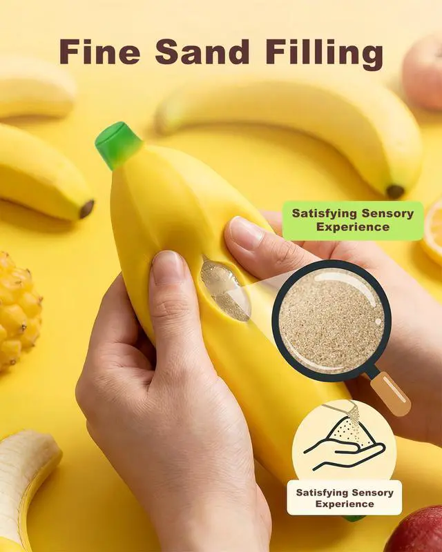 Alt view image 5 of 7 - 2 Pack Banana Latex Soft Decompression Toy, Stretchy Glue-Sand Filled Rubber Squishy Toy, High Elastic Stretchable Fake Fruits Vegetables Stress Relief Toy for Kids Adults (2 Bananas)