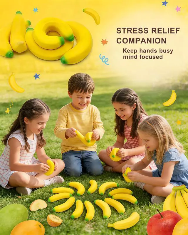 Alt view image 7 of 7 - 2 Pack Banana Latex Soft Decompression Toy, Stretchy Glue-Sand Filled Rubber Squishy Toy, High Elastic Stretchable Fake Fruits Vegetables Stress Relief Toy for Kids Adults (2 Bananas)