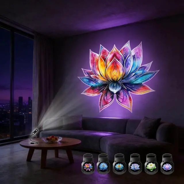 Main image of Lotus-Shaped Projector Lamp, 6 Interchangeable Light Sheets, USB Plug-and-Play, Suitable for Wall and Ceiling Decoration, or as a Bedside Nightlight to Create a Romantic Atmosphere