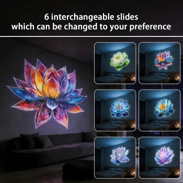 Alt view image 5 of 7 - Lotus-Shaped Projector Lamp, 6 Interchangeable Light Sheets, USB Plug-and-Play, Suitable for Wall and Ceiling Decoration, or as a Bedside Nightlight to Create a Romantic Atmosphere
