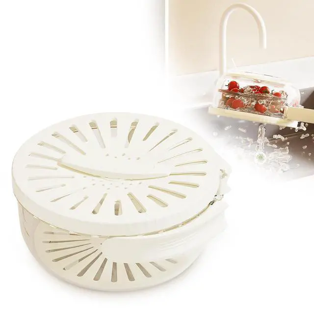 Main image of 2 in 1 Drainer and Strainer, Collapsible Fruit Washing Basket with Cover and Handle, Multifunctional Vegetable Washing Drain Bowl, Keep Fruit Vegetable Fresh Longer, White 6.1" x 3.27"