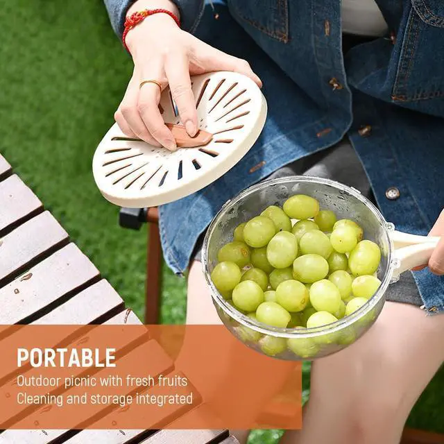 Alt view image 6 of 7 - 2 in 1 Drainer and Strainer, Collapsible Fruit Washing Basket with Cover and Handle, Multifunctional Vegetable Washing Drain Bowl, Keep Fruit Vegetable Fresh Longer, White 6.1" x 3.27"