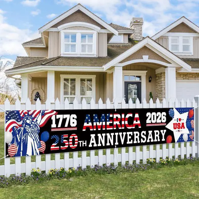 Main image of 250 Anniversary Banner 120" x 20" American 1776-2026 The Statue of Liberty Balloons 250th Anniversary Patriotic Party Supplies Home Decorations for Outdoor, Indoor, Yard, Garden, Porch, Lawn