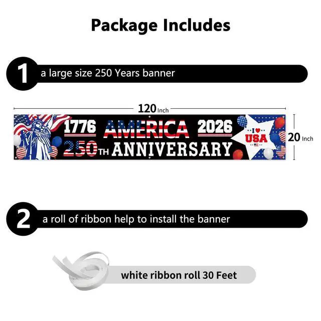 Alt view image 5 of 7 - 250 Anniversary Banner 120" x 20" American 1776-2026 The Statue of Liberty Balloons 250th Anniversary Patriotic Party Supplies Home Decorations for Outdoor, Indoor, Yard, Garden, Porch, Lawn