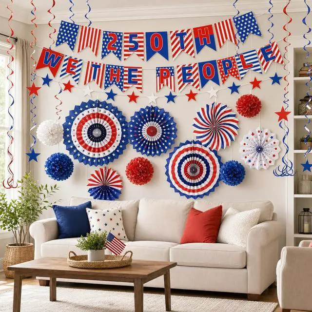 Alt view image 3 of 5 - 25 PCS USA Party Decorations 250th Anniversary Patriotic Supplies Red White and Blue Paper Fans 4th of July Banner Pompom Garland and Hanging Swirls Set Independence Memorial Day for Party