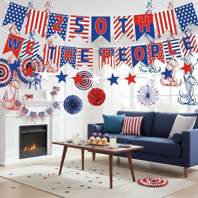Alt view image 4 of 5 - 25 PCS USA Party Decorations 250th Anniversary Patriotic Supplies Red White and Blue Paper Fans 4th of July Banner Pompom Garland and Hanging Swirls Set Independence Memorial Day for Party