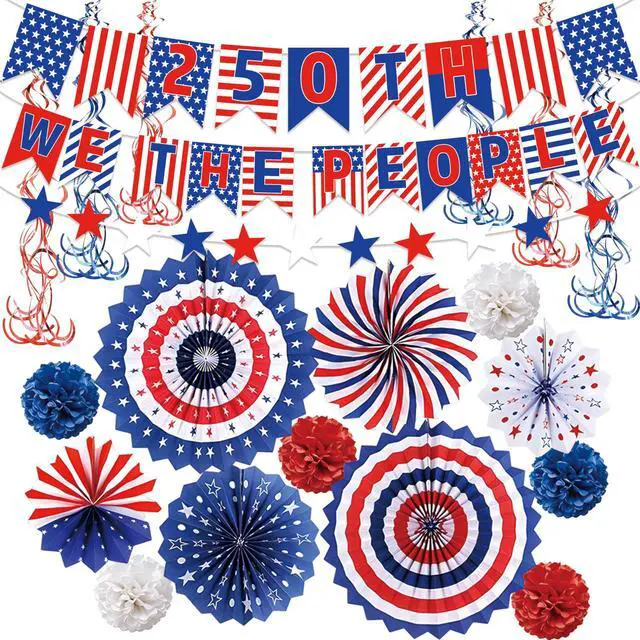 Main image of 25 PCS USA Party Decorations 250th Anniversary Patriotic Supplies Red White and Blue Paper Fans 4th of July Banner Pompom Garland and Hanging Swirls Set Independence Memorial Day for Party