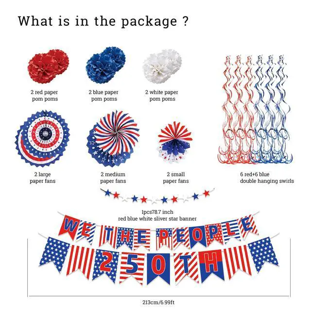 Alt view image 2 of 5 - 25 PCS USA Party Decorations 250th Anniversary Patriotic Supplies Red White and Blue Paper Fans 4th of July Banner Pompom Garland and Hanging Swirls Set Independence Memorial Day for Party