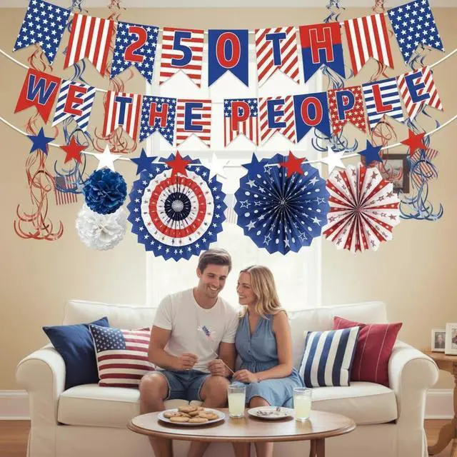 Alt view image 5 of 5 - 25 PCS USA Party Decorations 250th Anniversary Patriotic Supplies Red White and Blue Paper Fans 4th of July Banner Pompom Garland and Hanging Swirls Set Independence Memorial Day for Party