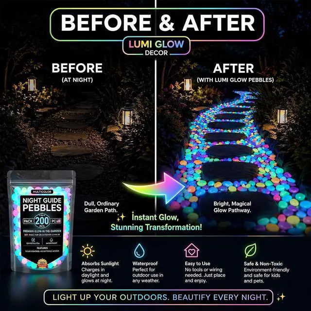 Alt view image 3 of 7 - Colorful Glow-in-the-Dark Garden Stones Mixed Night Guide Luminous Pebbles Glow in The Dark Rocks for Aquarium Fish Tank Garden Path Patio Terrace Lawn Yard Ornaments(200, Multi-Colored)