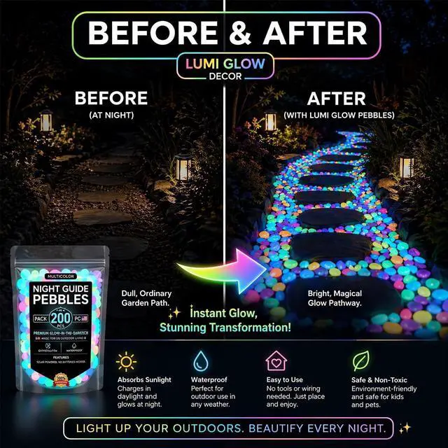 Alt view image 3 of 6 - Night Guide Pebbles, 2026 New Colorful Luminous Garden Stones, Rainbow Glow in the Dark Stepping Rocks Outdoor Landscaping Decor Glowing Stones Fish Tank Aquarium Decorations 200PCS