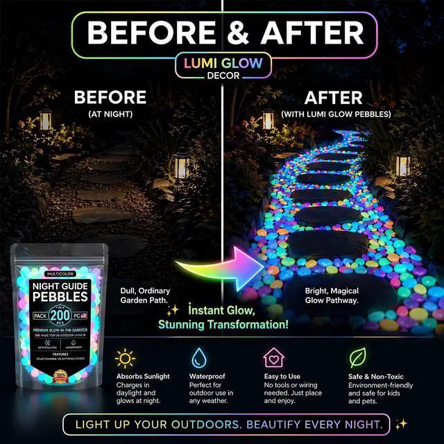 Alt view image 3 of 6 - 2026 Colorful Glow-in-the-Dark Garden Stones Night Guide Luminous Pebbles Rainbow Glow in the Dark Stepping Rocks Outdoor Landscaping Decor Glowing Stones Fish Tank Aquarium Decorations (200, Multi)