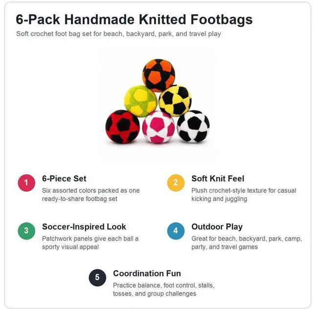 Alt view image 2 of 4 - 6 Pack Handmade Knitted Footbags - Crochet Foot Bag Juggling Balls for Adults - Beach Outdoor Kick Game Set