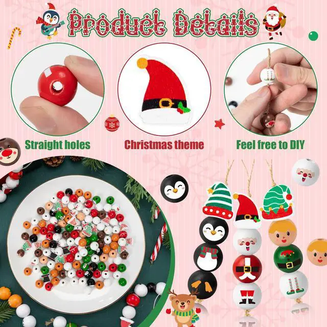 Alt view image 3 of 7 - Christmas Wooden Bead with Twine - 240Pcs DIY Santa Claus Snowman Gingerbread Man Elf Bead Garland Crafts, Xmas Farmhouse Rustic Round Decor Ornaments for Christmas Winter Party Home