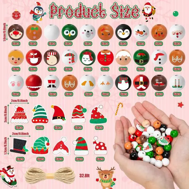 Alt view image 2 of 7 - Christmas Wooden Bead with Twine - 240Pcs DIY Santa Claus Snowman Gingerbread Man Elf Bead Garland Crafts, Xmas Farmhouse Rustic Round Decor Ornaments for Christmas Winter Party Home