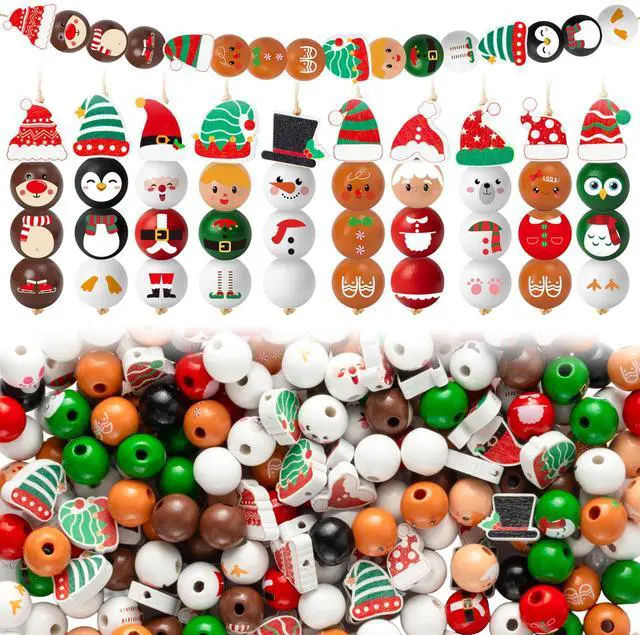 Main image of Christmas Wooden Bead with Twine - 240Pcs DIY Santa Claus Snowman Gingerbread Man Elf Bead Garland Crafts, Xmas Farmhouse Rustic Round Decor Ornaments for Christmas Winter Party Home